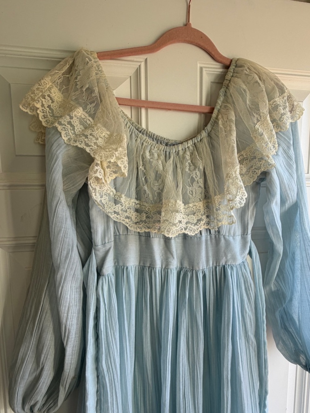 VINTAGE GUNNE SAX LIGHT BLUE PRAIRIE MAXI DRESS LACE BOHO COTTAGECORE WEDDING - Picture 4 of 16